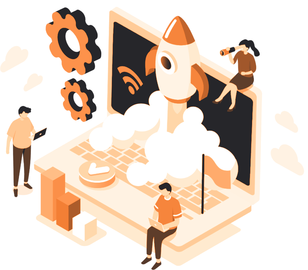 Notebook com foguete decolando e equipe construindo soluções